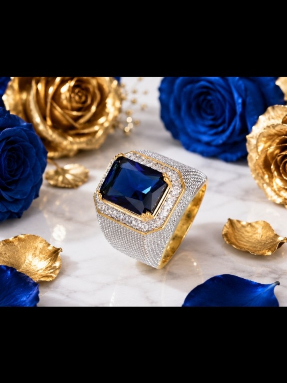 Men's Gold & Silver Tone Ring Size 8 with Deep Blue Center Stone & Cz Crystals